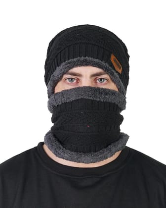 Teemoods Men�s and Women's Woollen 2 in 1 Winter Set -Black Beanie Cap with Neck Warmer, Unisex Knitted Cap Scarf with thick Fur Lining.