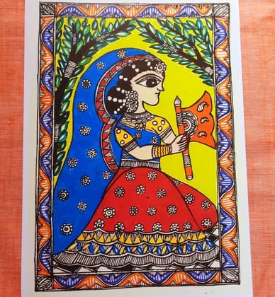 Lady with a Fan Indian Folk Art Print 11" × 8" for your Living Space