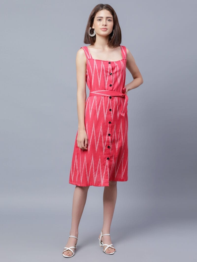 ENTELLUS  Sleeveless, square neck, knee length, Ikkat Dress in Red Colour