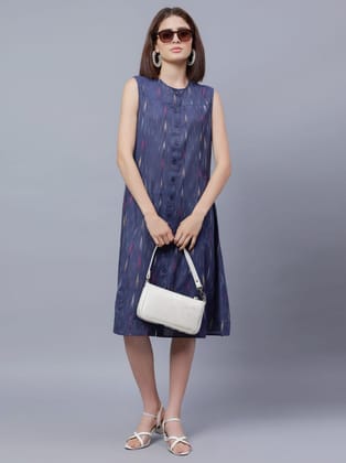 ENTELLUS blue ikkat printed dress with imitation buttons in front