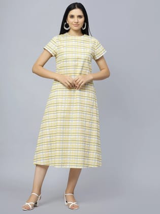 Short sleeve below knee length yellow lurex cotton dress