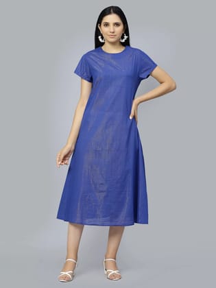 Short sleeve below knee length blue lurex cotton dress