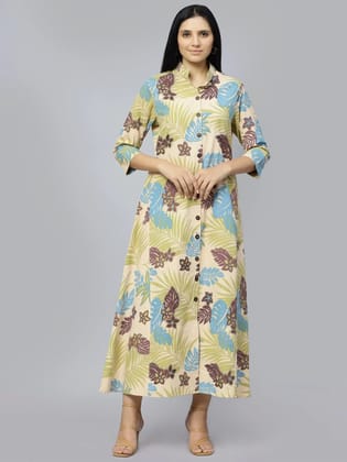 Long kurta floral dress 3/4 sleeve with coconut button in the front
