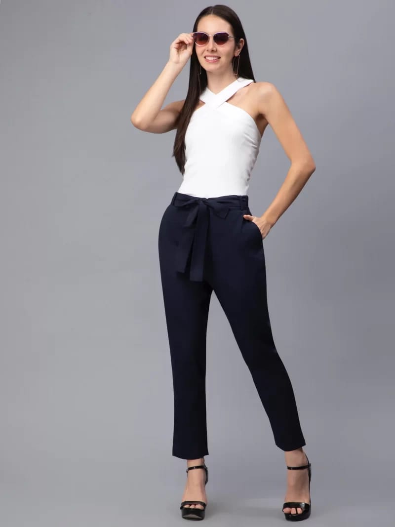 Blue woven slim fit trouser & Knits TOP criss cross halter sleeveless tee (Top & Bottom set)