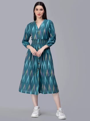 ENTELLUS HANDLOOM IKKAT FLARED KNEE LENGTH BLUE DRESS V-NECK IN COTTON FABRIC, DETAILED WITH COCONUT BUTTONS