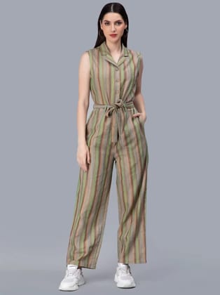 ENTELLUS BRAND, NEW STUNNING BEIGE STRIPES JUMPSUIT,COLLARED NECK WITH COCONUT BUTTONS IN THE FRONT