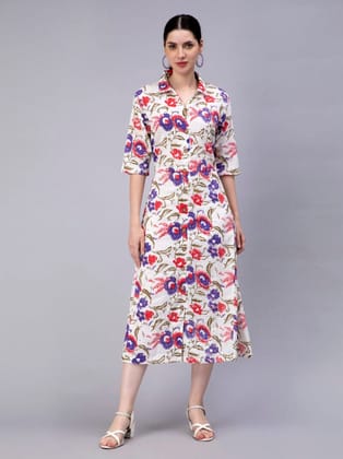 Entellus collar floral-printed soft cotton dress with coconut buttons