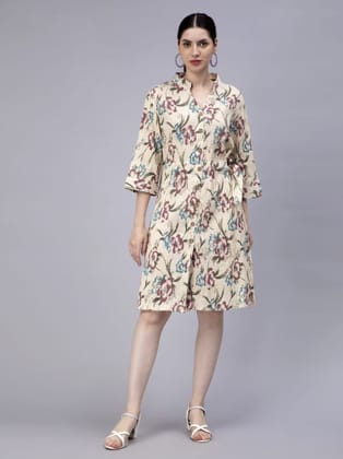 Off white floral printed crepe cotton dress