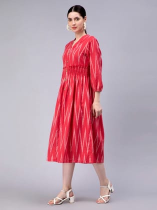 ENTELLUS HANDLOOM IKKAT FLARED KNEE LENGTH RED DRESS V-NECK IN COTTON FABRIC, DETAILED WITH COCONUT BUTTONS