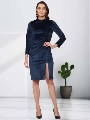 ENTELLUS | Slit thigh A- Line Dress Navy Blue