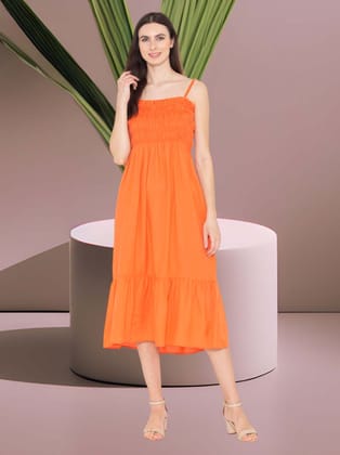 ENTELLUS | Orange Color, Kansai, Square Neck, Midi Dress