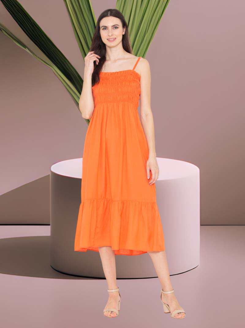 ENTELLUS | Orange Color, Kansai, Square Neck, Midi Dress