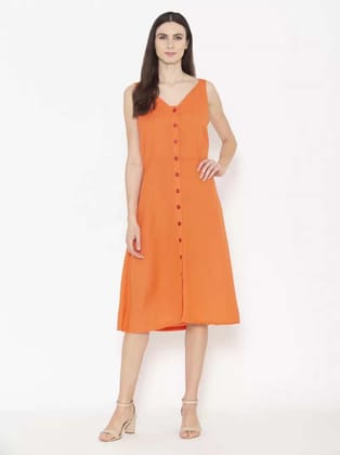 ENTELLUS | Orange Color, V- Neck Midi ,Flare Strappy Sleeve Dress