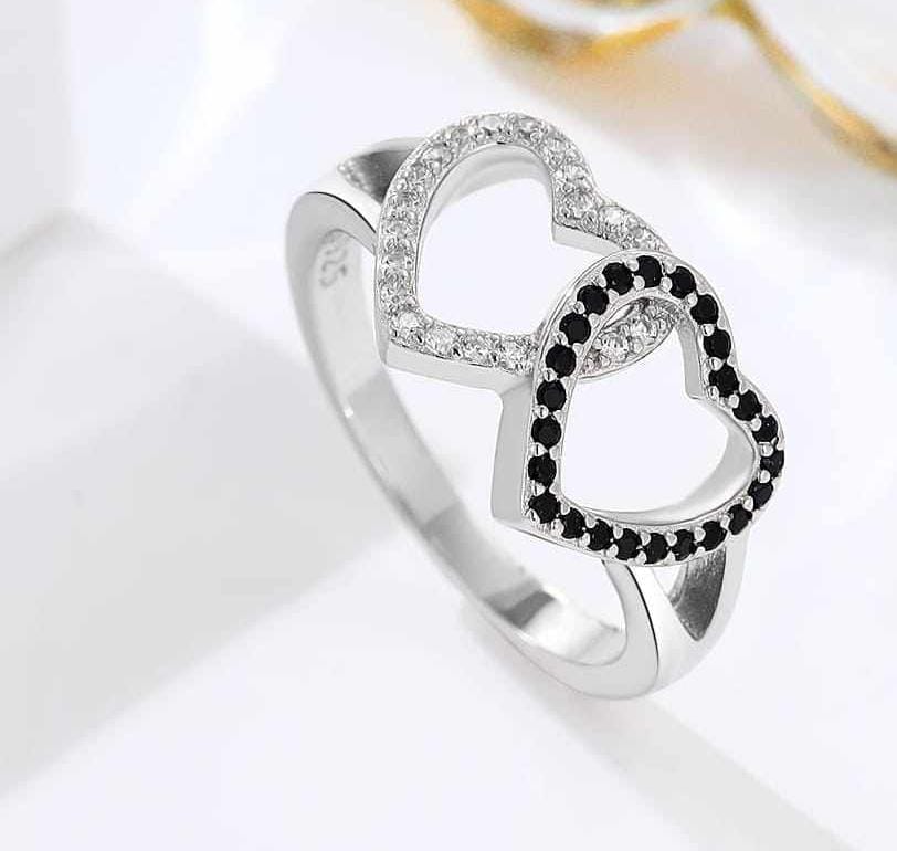 Black and White Diamond Heart Ring, Interlocking Heart Ring