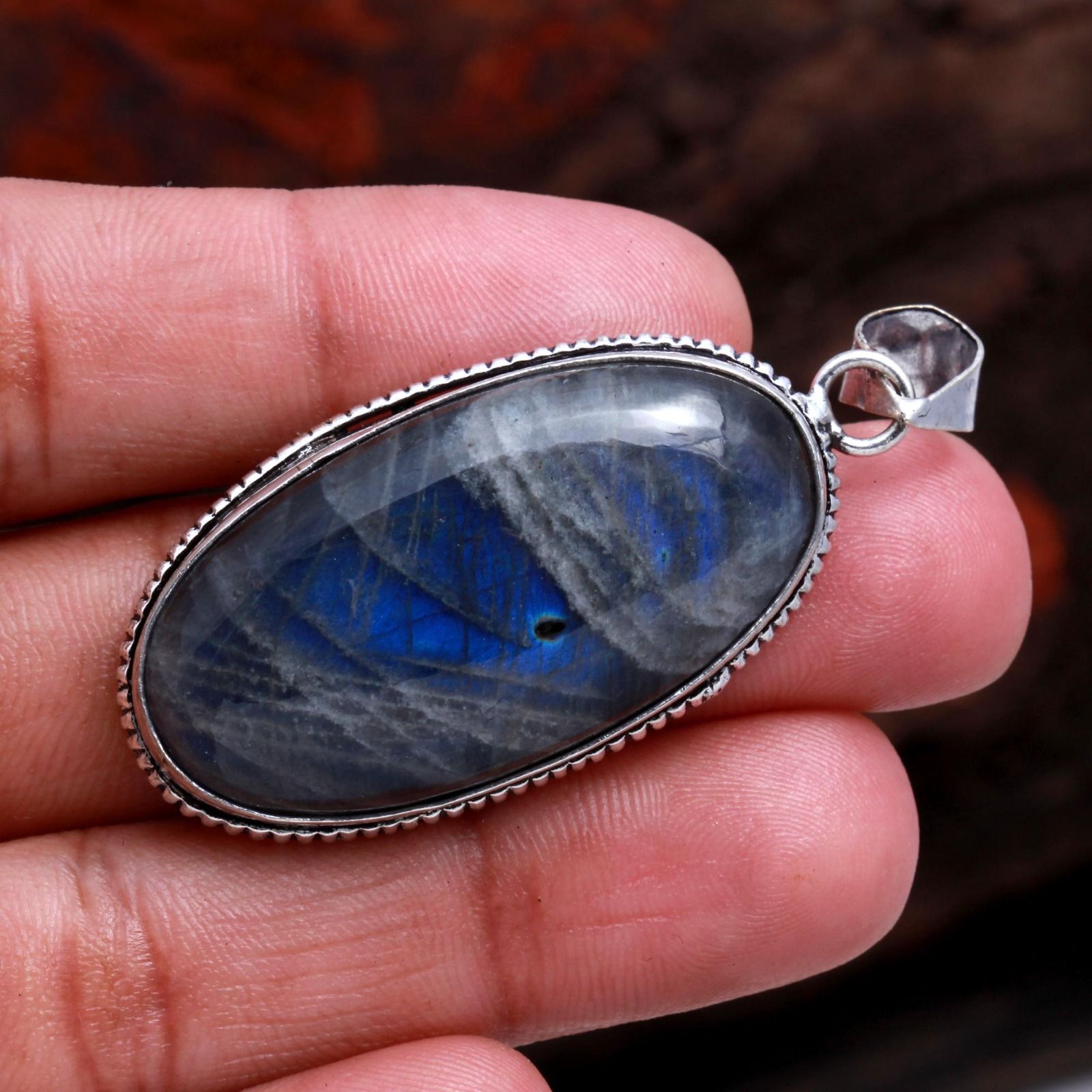 Blue fire Labradorite Stone Silver 92.5 Sterling pendant