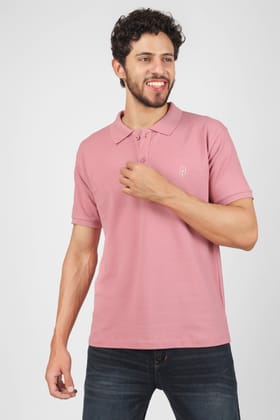 BLUEFICUS Men Solid Polo Neck Pure Cotton T-Shirt (Pink)