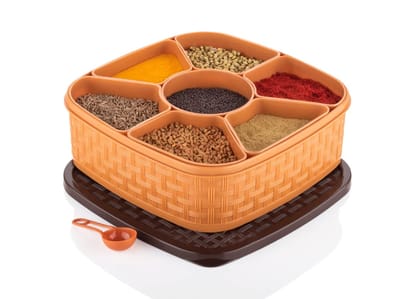 UNIMITY Plastic Square Multipurpose Masala/Spice/Dry Fruit Box Set 1 Piece- Brown (Masala Box -7 in 1)