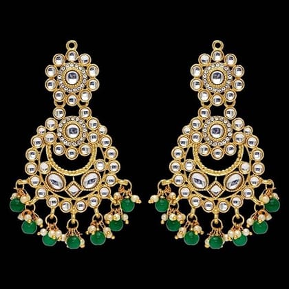 STOREPEDIA Gold Plated Traditional Kundan Earrings for Women/Girls, Stylish Drop Green White Beads Chandbali for Weeding Party Office Festival Celebration, Fashion Accessories for Women