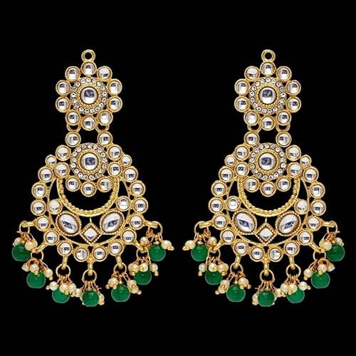 STOREPEDIA Gold Plated Traditional Kundan Earrings for Women/Girls, Stylish Drop Green White Beads Chandbali for Weeding Party Office Festival Celebration, Fashion Accessories for Women