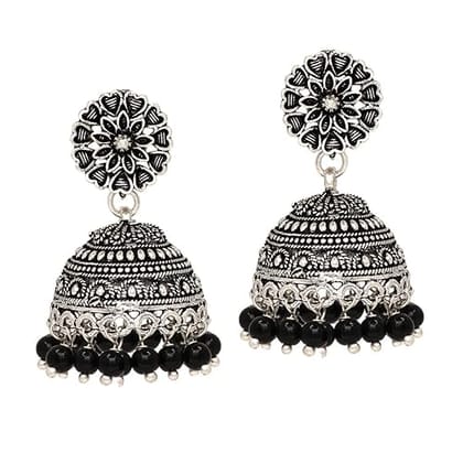 STOREPEDIA Oxidised Brass Metal Jhumka Jhumki Earrings for women Girls with Black Beads Drop Earrings Jewellery Alloy Jhumki Earring Set for Women/Girls