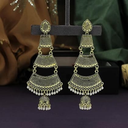 STOREPEDIA Gold Plated Dangle Drop Layered Jhumka/Jhumki Earrings for Women/Girls, Oxidised Alloy Earrings for Party Office Festival Stylish Fashion Accessories for Women Indian Traditional Jewellery