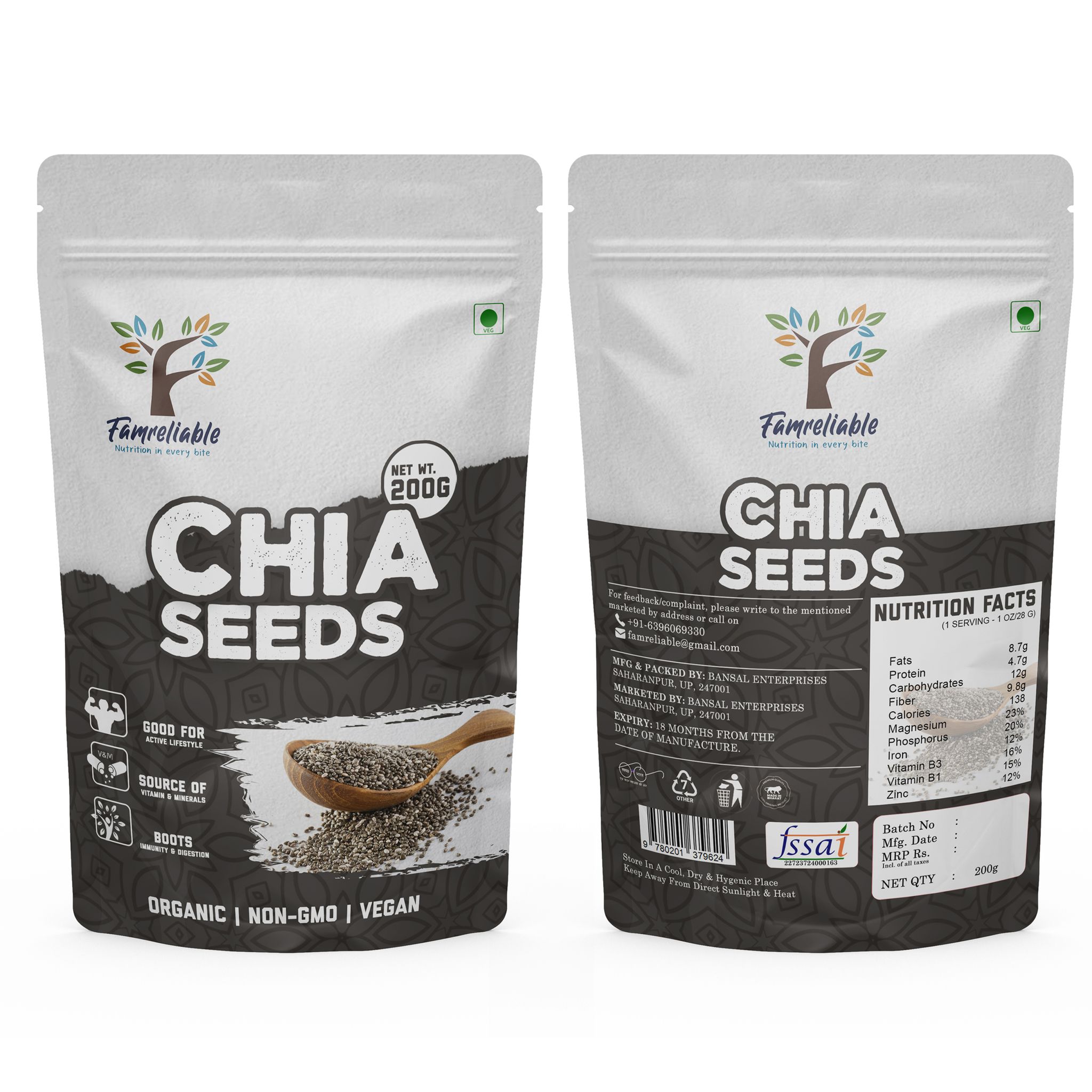 Famreliable Chia Seeds - 400g | High in Omega-3, Fiber, and Protein | Gluten-Free | Perfect for Smoothies, Baking, and Salads (200g Pack of 2)