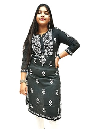 SATKAAR Indian Hand Embroidered Chikankari Women's Black Straight Cotton Kurta Kurti
