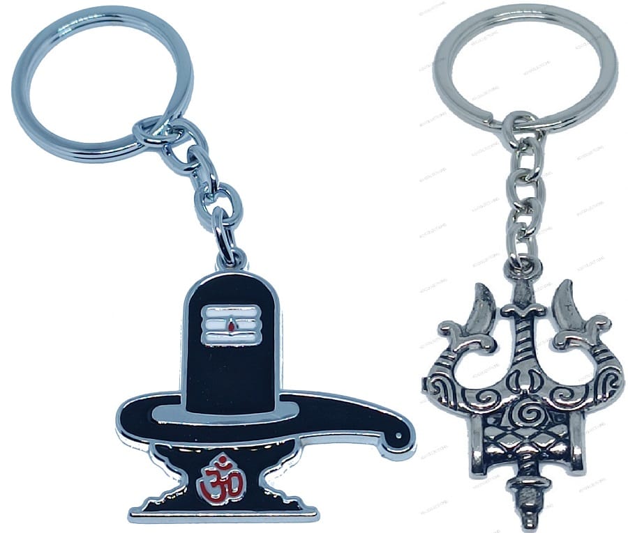 KD COLLECTIONS Lord Shiva Shankar Mahadev Om Namah Shivay Trishul Keychain & Shivling Keychain Combo – Black & Silver – Pack of 2 Keychains