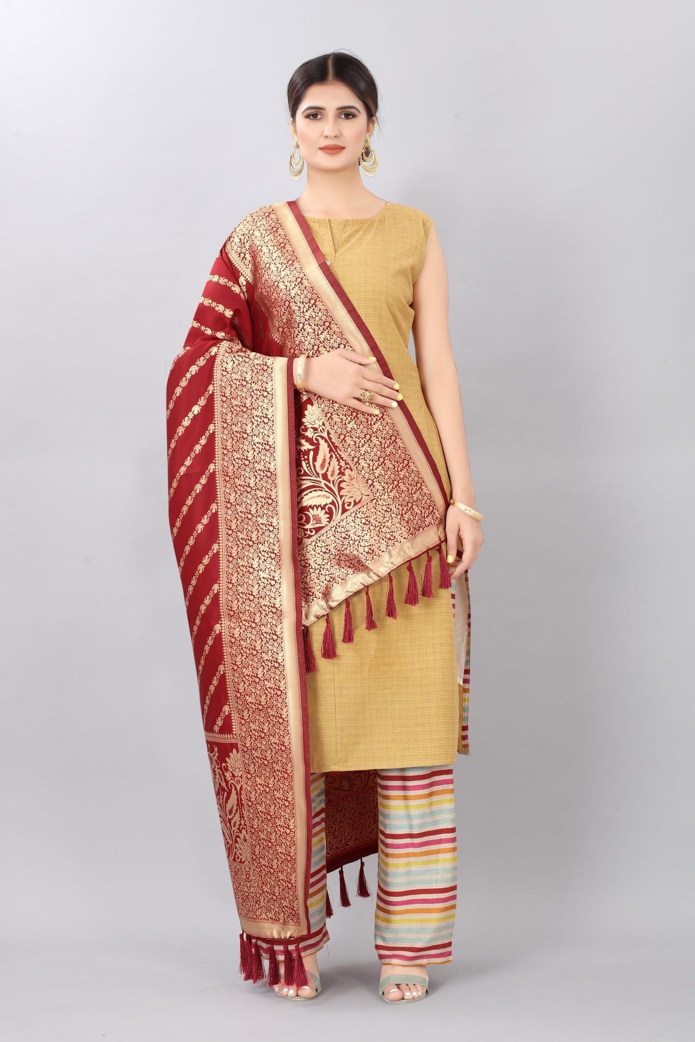 Women Red &amp; Gold Coloured Striped Dupatta