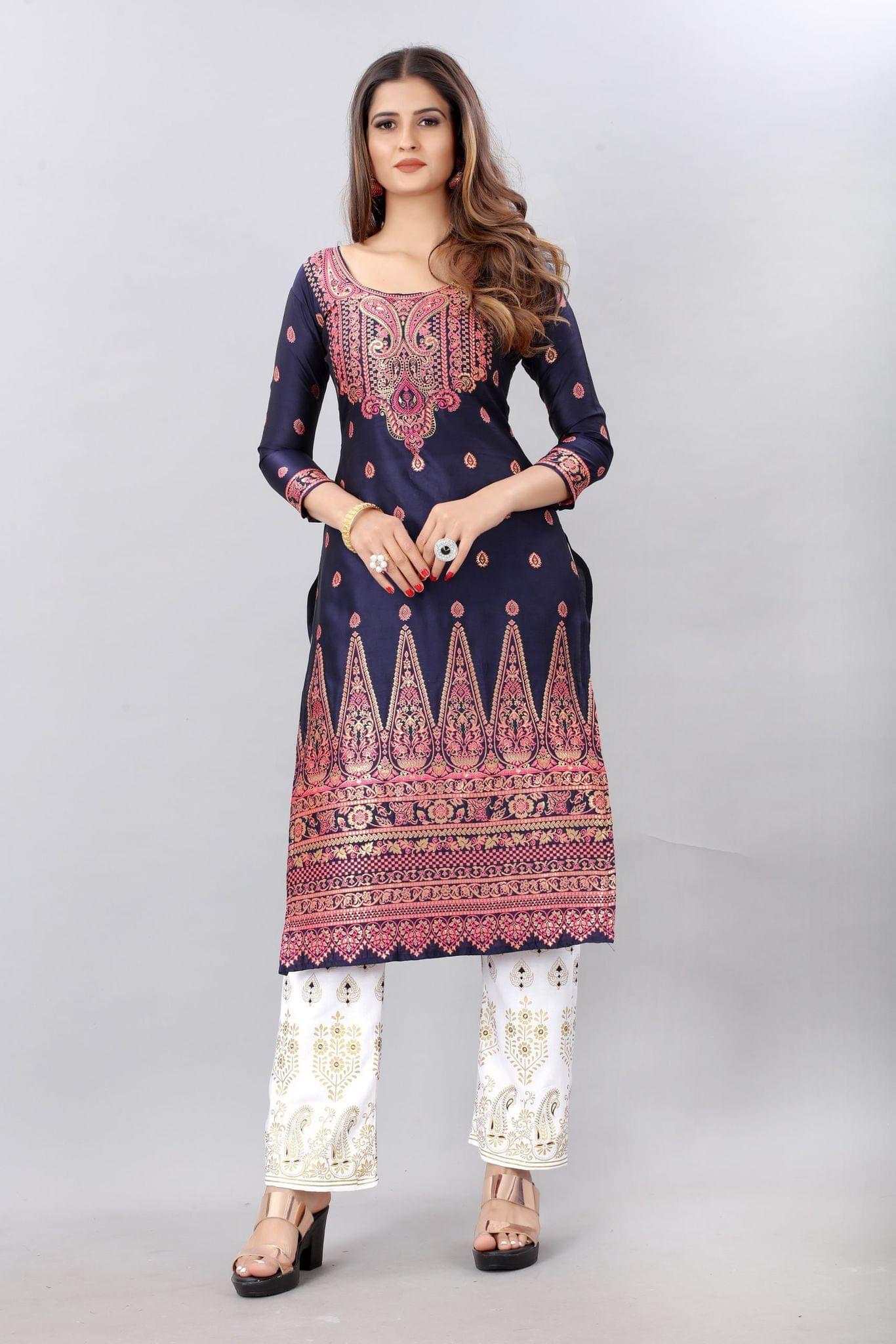 Navy Blue-Gold Toned Unstiched Woven Design Dress Material