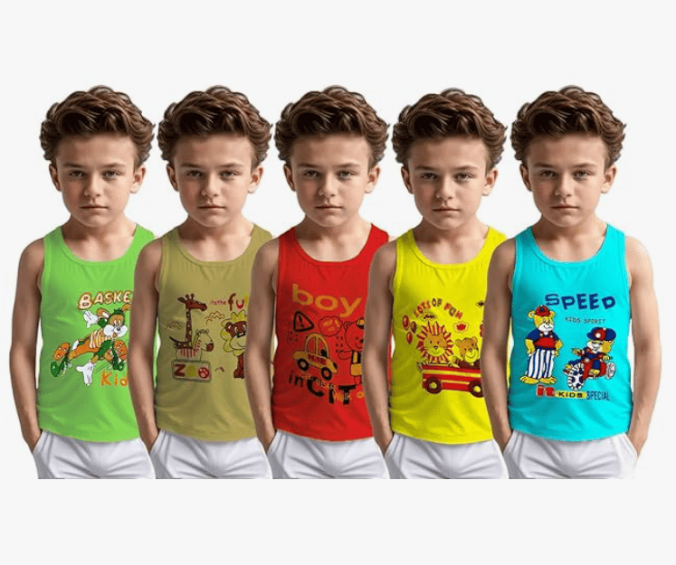 Neeba Boys's Multicolor Regular fit Plain Vest 100% Cotton U-Neck Vest/Baniyan/Sandos Innerwear for Kids Lightweight Sleeveess Pack of 5