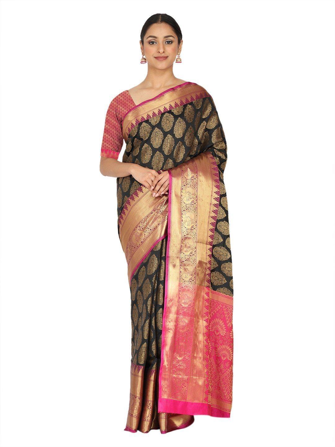 Black-Gold Toned Woven Design Banarasi Saree