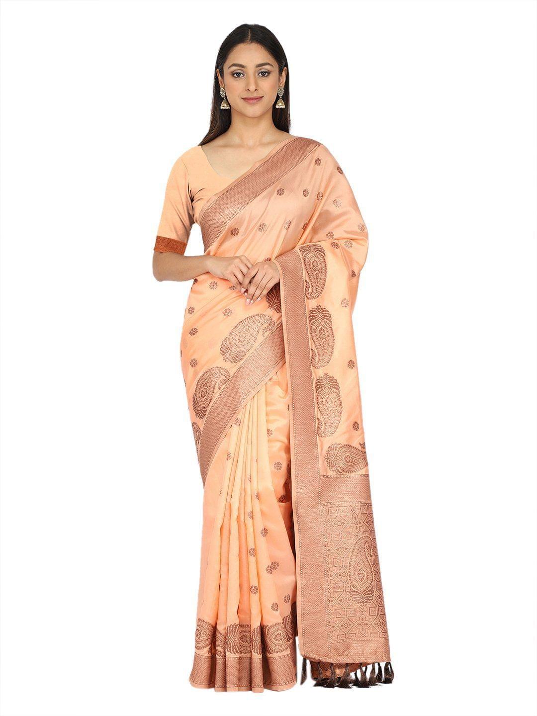 Women's Peach Woven Design Soft Silk Saree