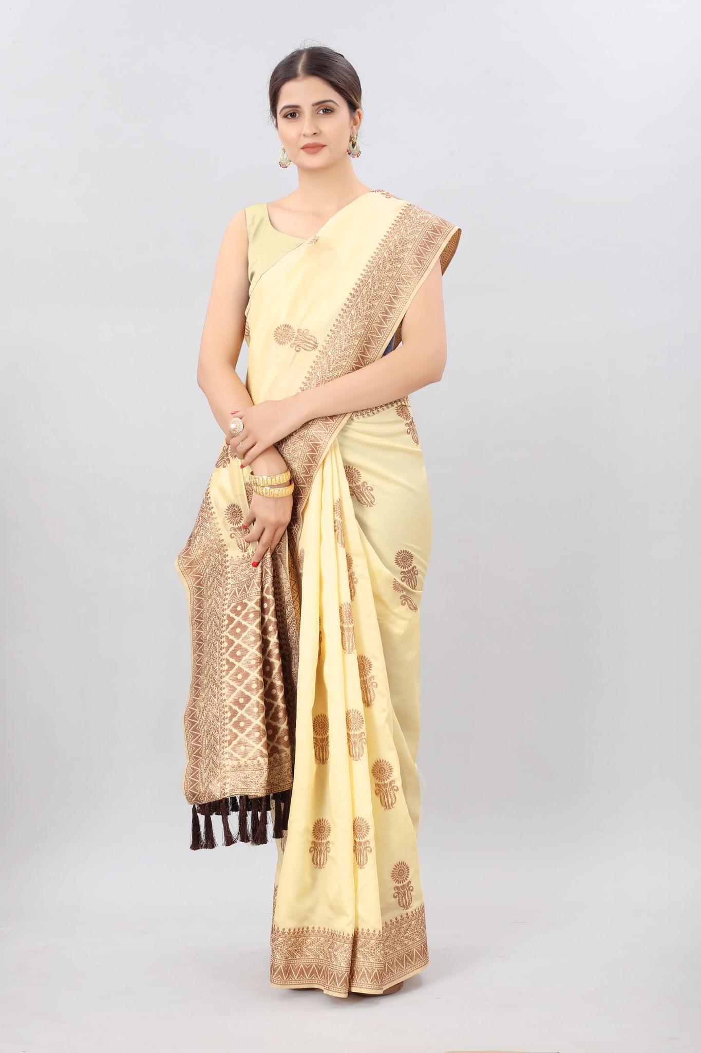 Beige &amp; Gold Toned Woven Soft Silk Kanjeevaram Saree