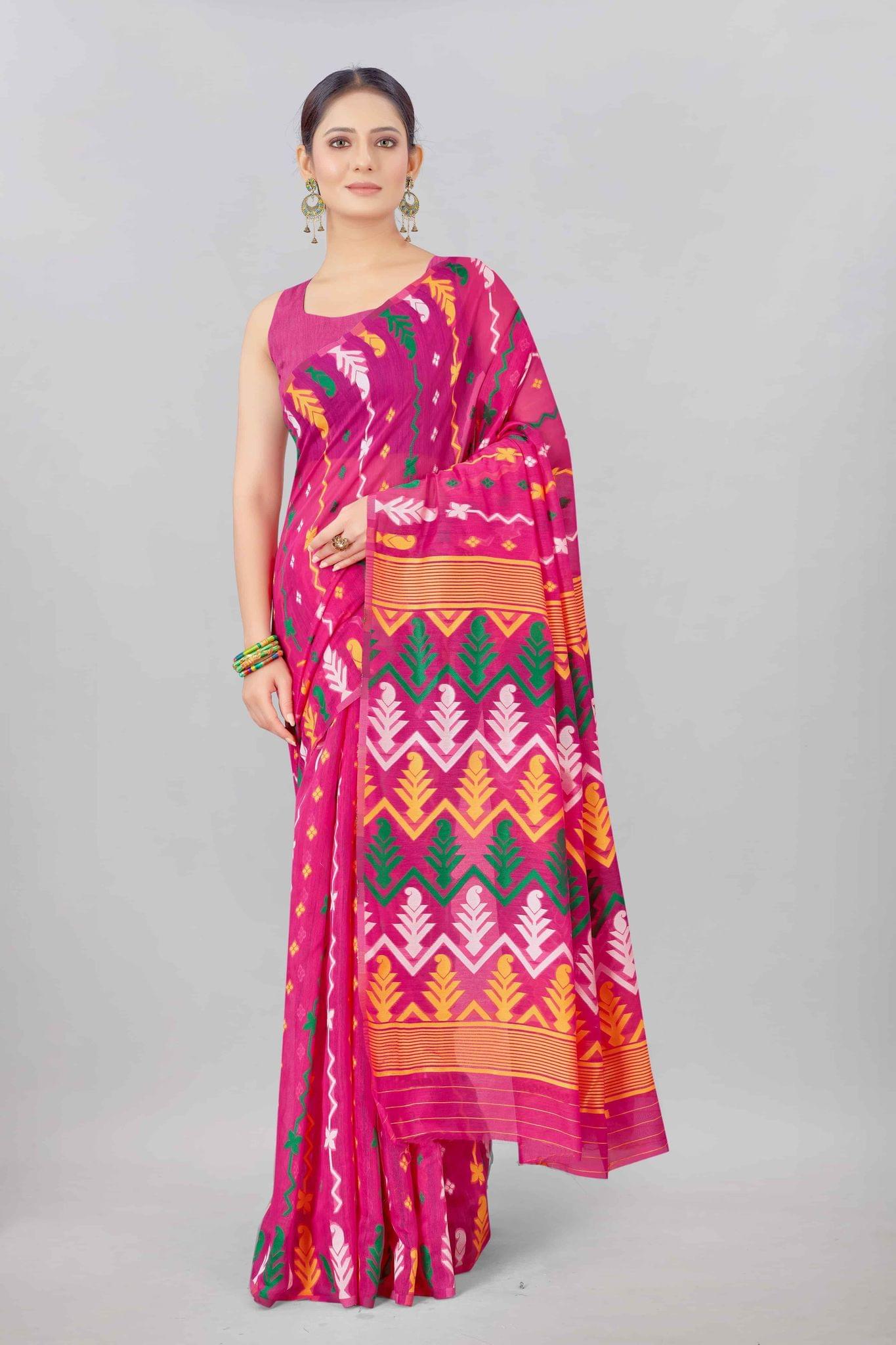 Pink Woven Jamdani Cotton Silk Saree