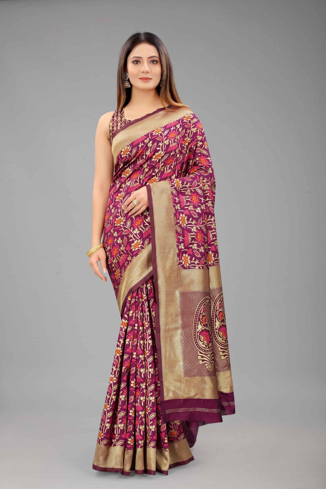 Women's Banarasi Silk Woven Design Wine Saree