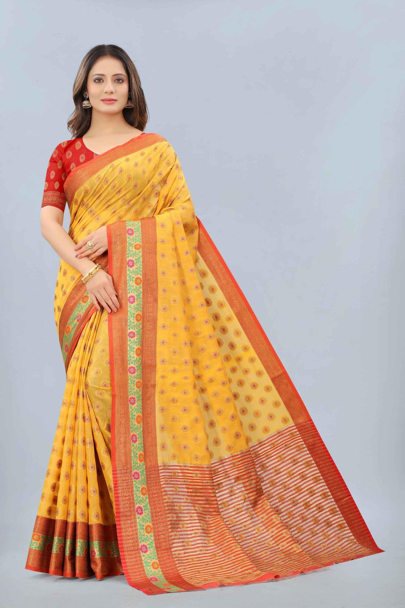 Women's Cotton Woven Yellow Saree