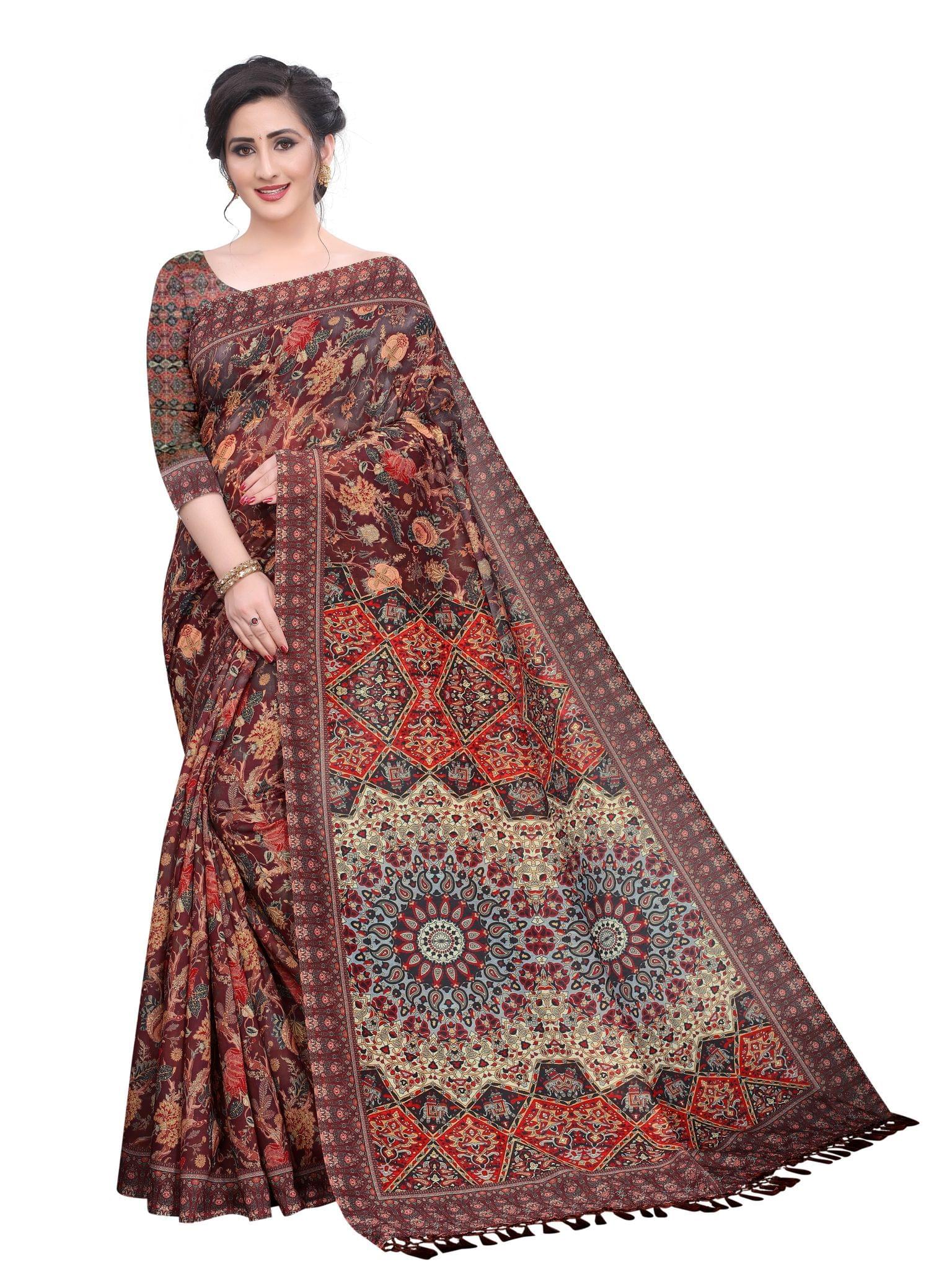 Silk Zone Women's Cotton Digital Printed Brown Saree With Unstitched Blouse Piece
