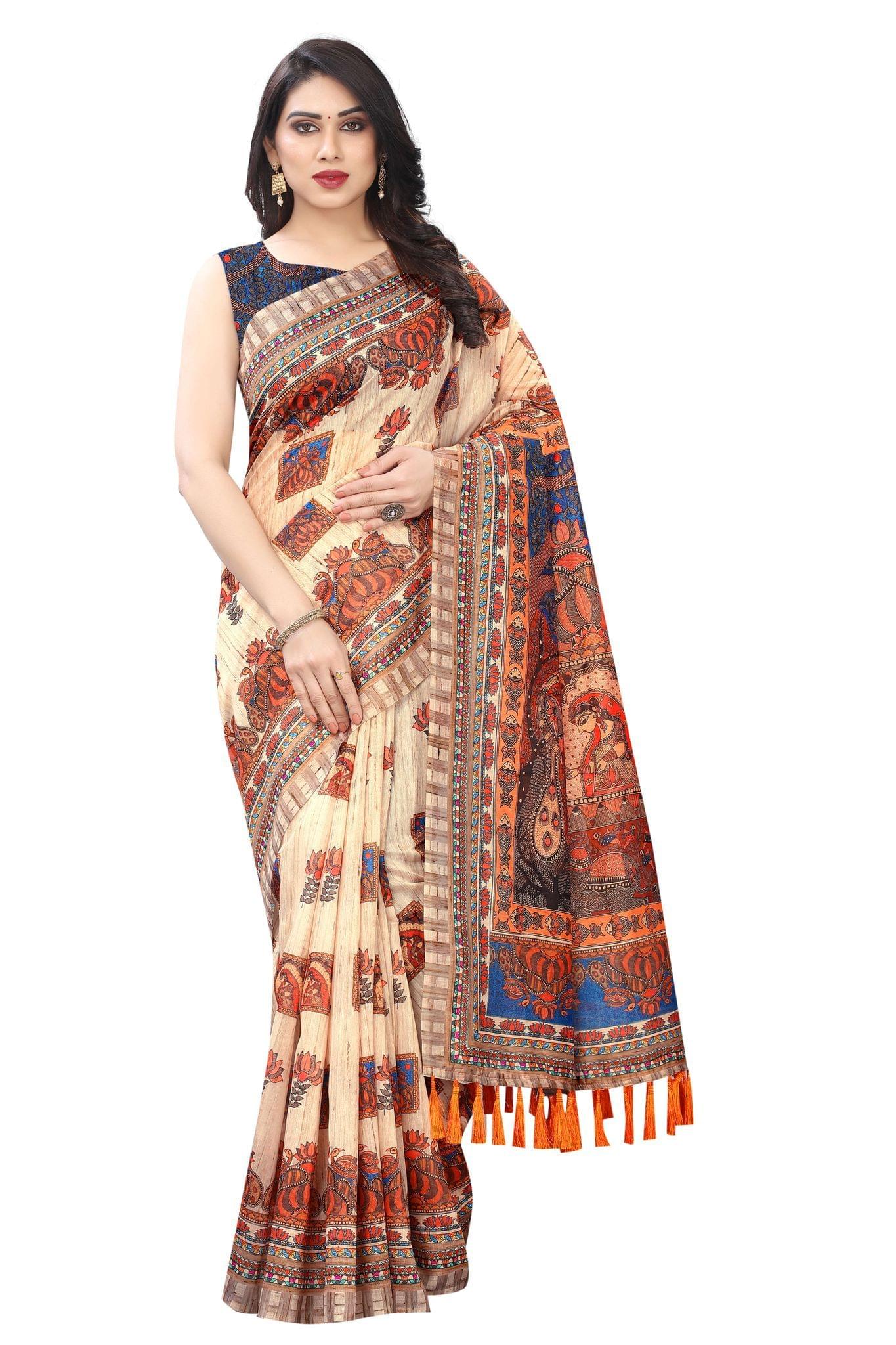 Silk Zone Women's Ajrakh Kalamkari Cotton Digital Printed Tassel Saree with Blouse Piece