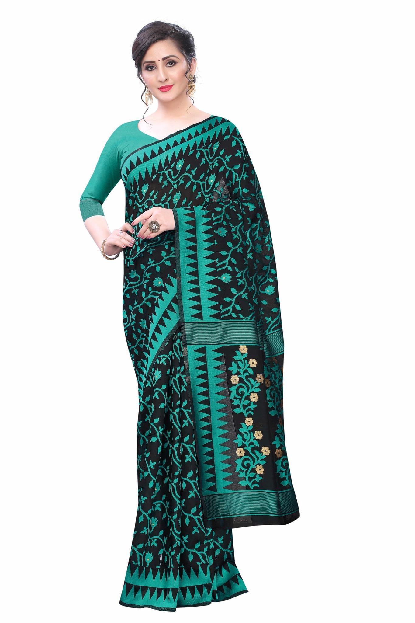 Silk Zone Women's Jamdani Cotton Blend Woven Saree with Blouse Piece
