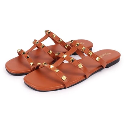 WOMEN FASHION FLAT TAN SLIDERS