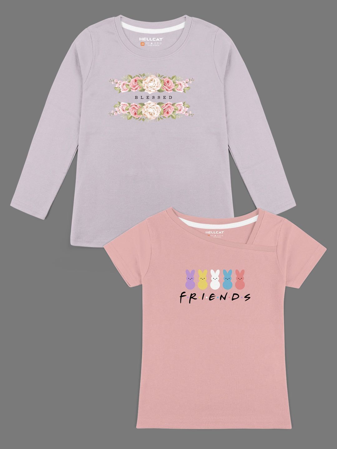 Trendy Printed Round Neck with Short Sleeve /Long Sleeve Multi colour Tshirts for Girls - Pack of 2
