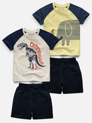 Raglan Half Sleeve Printed T-shirt with Comfy Solid Shorts for Infants & Girls - Pack of 4 (2 T-shirt & 2 Shorts)