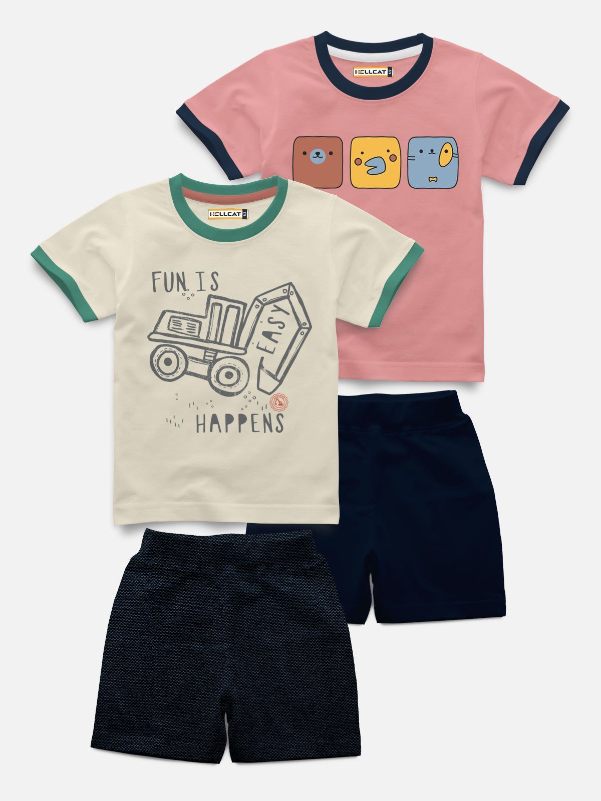 Half Sleeve With Rib Printed Tshirt with Comfy Solid Shorts for Infants & Boys - Pack of 4 (2 T-shirt & 2 short)