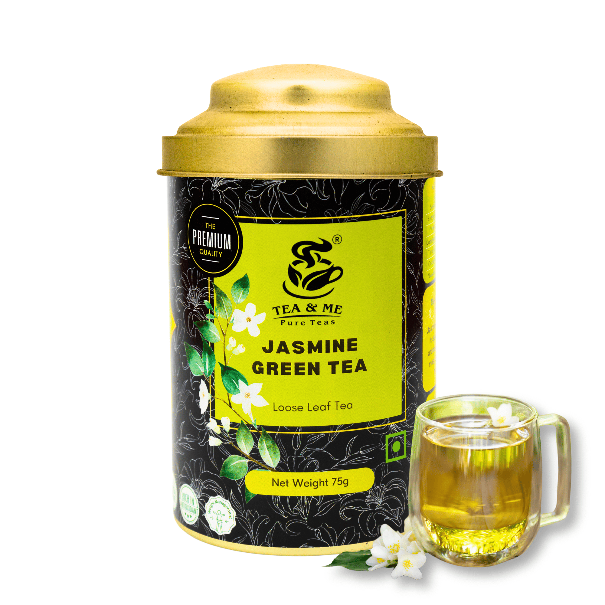 TEA & ME Jasmine Green Loose Leaf Tea, Finest grade green leaf tea with jasmine buds with antioxidants for overall well-being in golden dom tin Great for tea lovers or as a thoughtful present