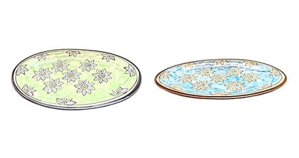 STOREPEDIA Handprinted Serving Ceramic Plate Tray Set of 2, Blue Green Color Microwave Safe Floral Print Tray for Serving Foods Drinks Snacks Tea Coffee Decorative Use