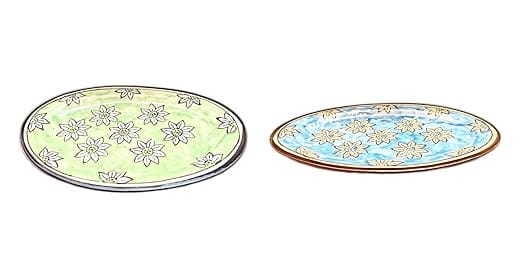 STOREPEDIA Handprinted Serving Ceramic Plate Tray Set of 2, Blue Green Color Microwave Safe Floral Print Tray for Serving Foods Drinks Snacks Tea Coffee Decorative Use