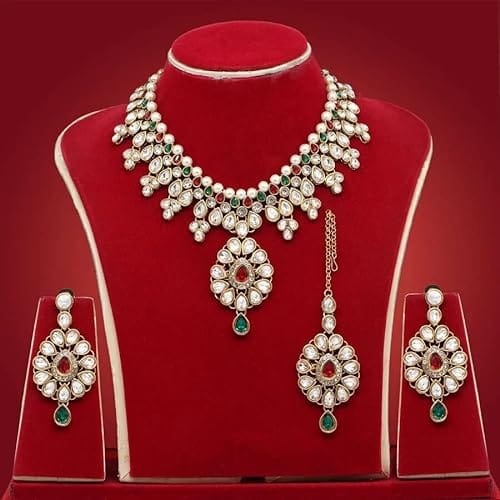 STOREPEDIA Red Green Kundan Meenakari Necklace Jewellery Set with Earrings and Maang Tikka For Women/Girls, Stylish Set for Party Wedding Festival Fashion Accessories for Women