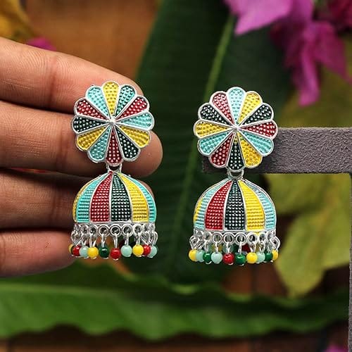 STOREPEDIA Multicolor Mint Meena Oxidised Jhumki/Jhumka Earring For Women/Girls Flower Shape Short Fag jhumki Earrings Gift for Daily Office Festival