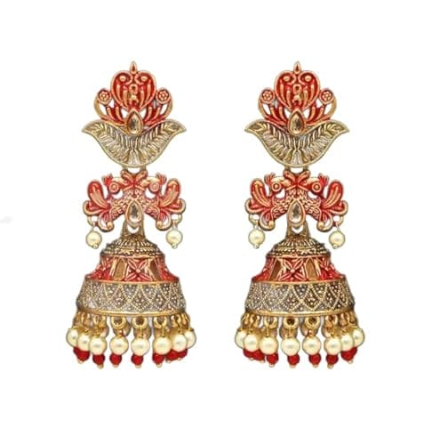 STOREPEDIA Red Meenakari Enamel Kundan Peacock Shape JhumkaJhumki Earrings For Girls & Women Indian Earring Set for Wedding/Office/Stylish Trendy Latest Jewellery